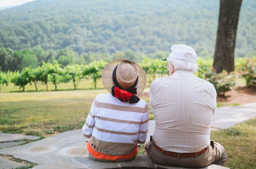 Older couple seen in vineyard.