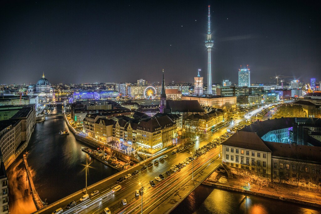 Night-time aerial image of Berlin: GovTech could be worth $1 trillion by 2028.