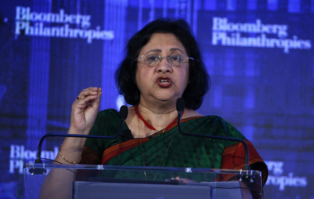 Arundhati Bhattacharya, Chairman, State Bank of India, speaks at The Bloomberg Global Business Forum in New York, U.S., September 20, 2017. REUTERS/Brendan McDermid - HP1ED9K13H3YE