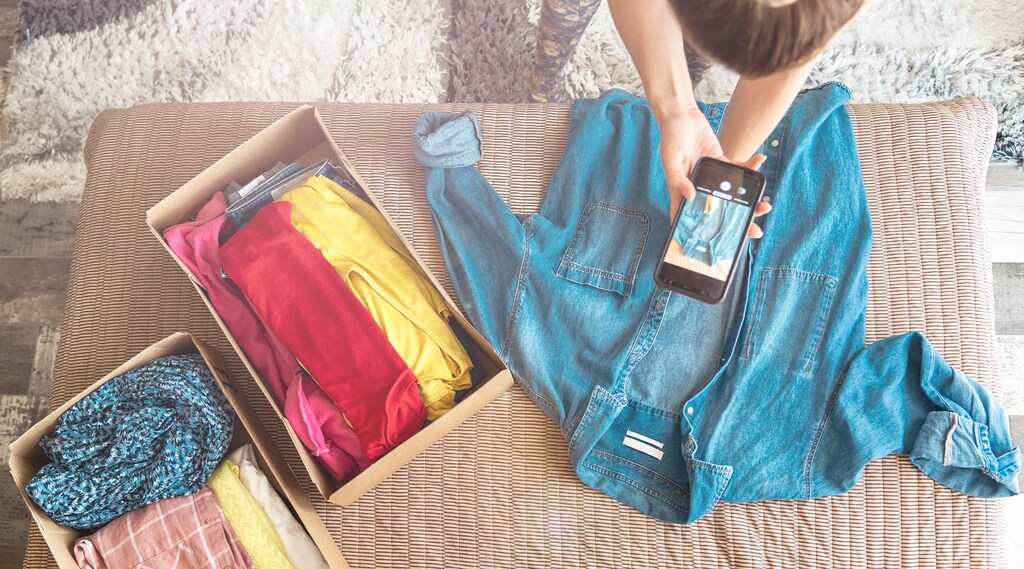 Second hand market: Woman taking photo of denim shirt on smartphone to sell it on online