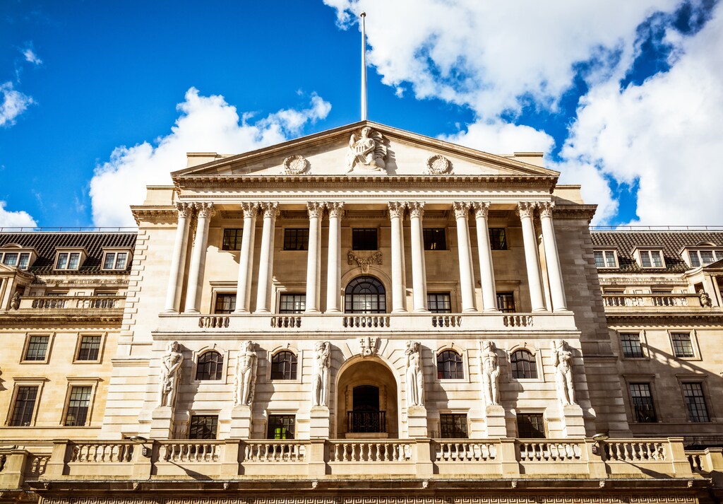 Chief Economists Outlook: The imposing classical upper facade of the Bank of England's headquarters building on Threadneedle Street in the City of London.