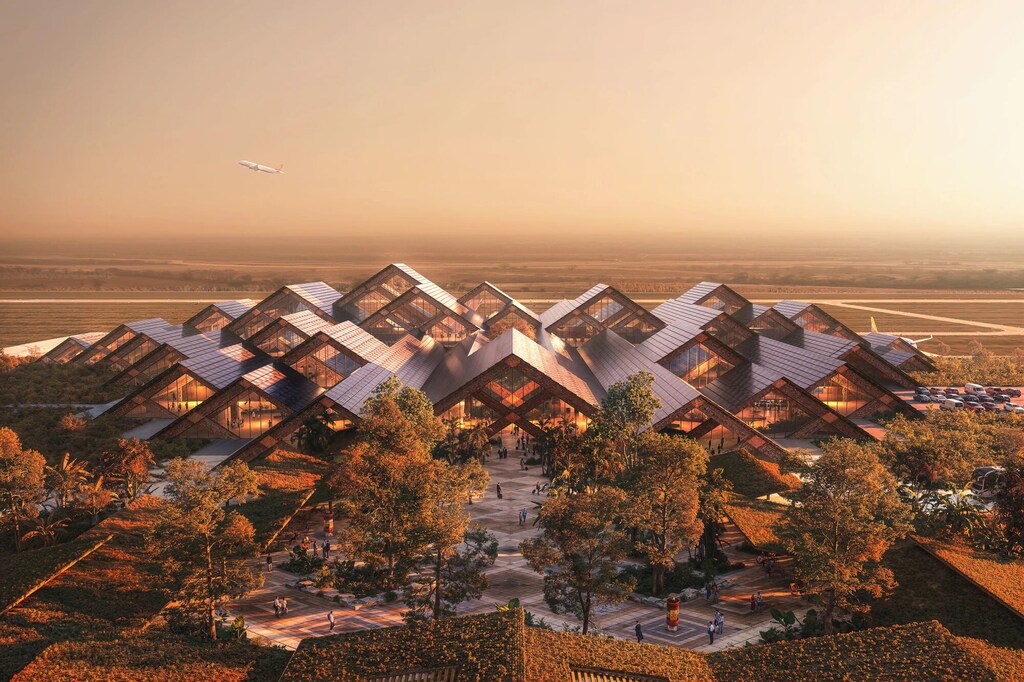 Gelephu airport concept, Bhutan: The future Gelephu International Airport in Bhutan, designed by BIG in a collaboration with aviation engineering firm NACO, demonstrates the promise of bioregional design through local materials and cultural references.