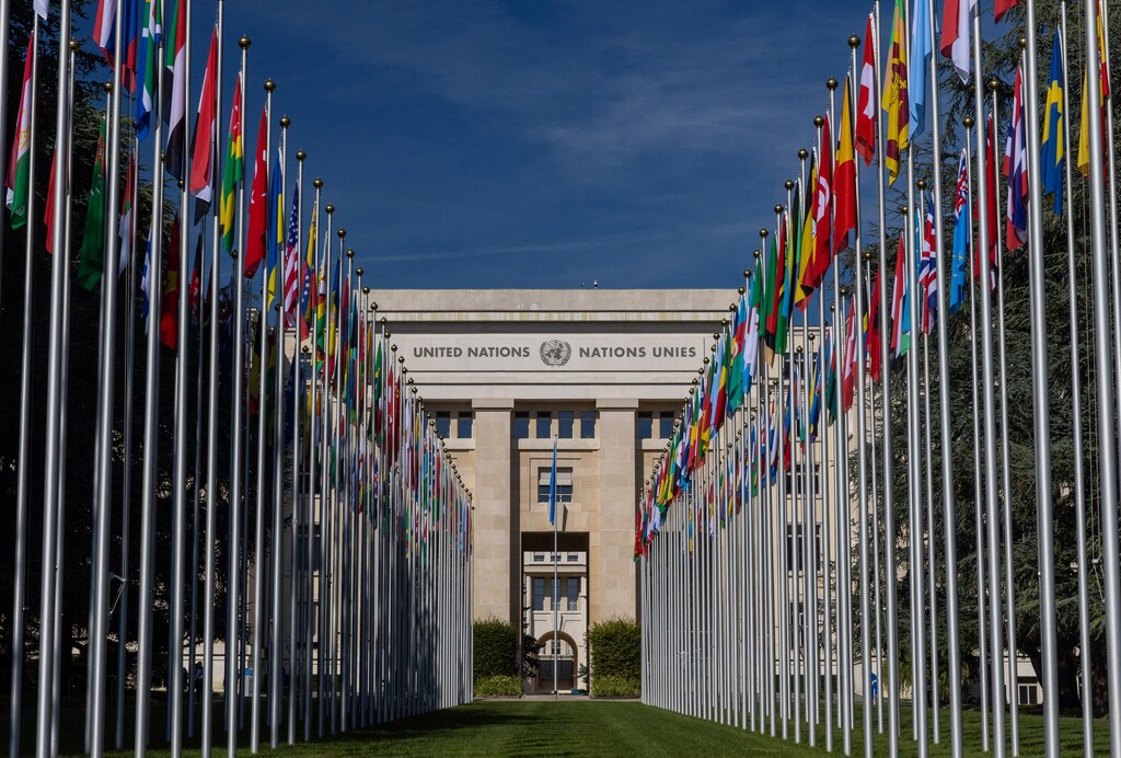 Rows of international flags leading to the United Nations building, symbolizing the global commitment to multilateralism