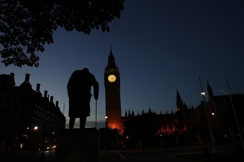 Dawn breaks behind the Houses of Parliament and the statue of Winston Churchill in Westminster.