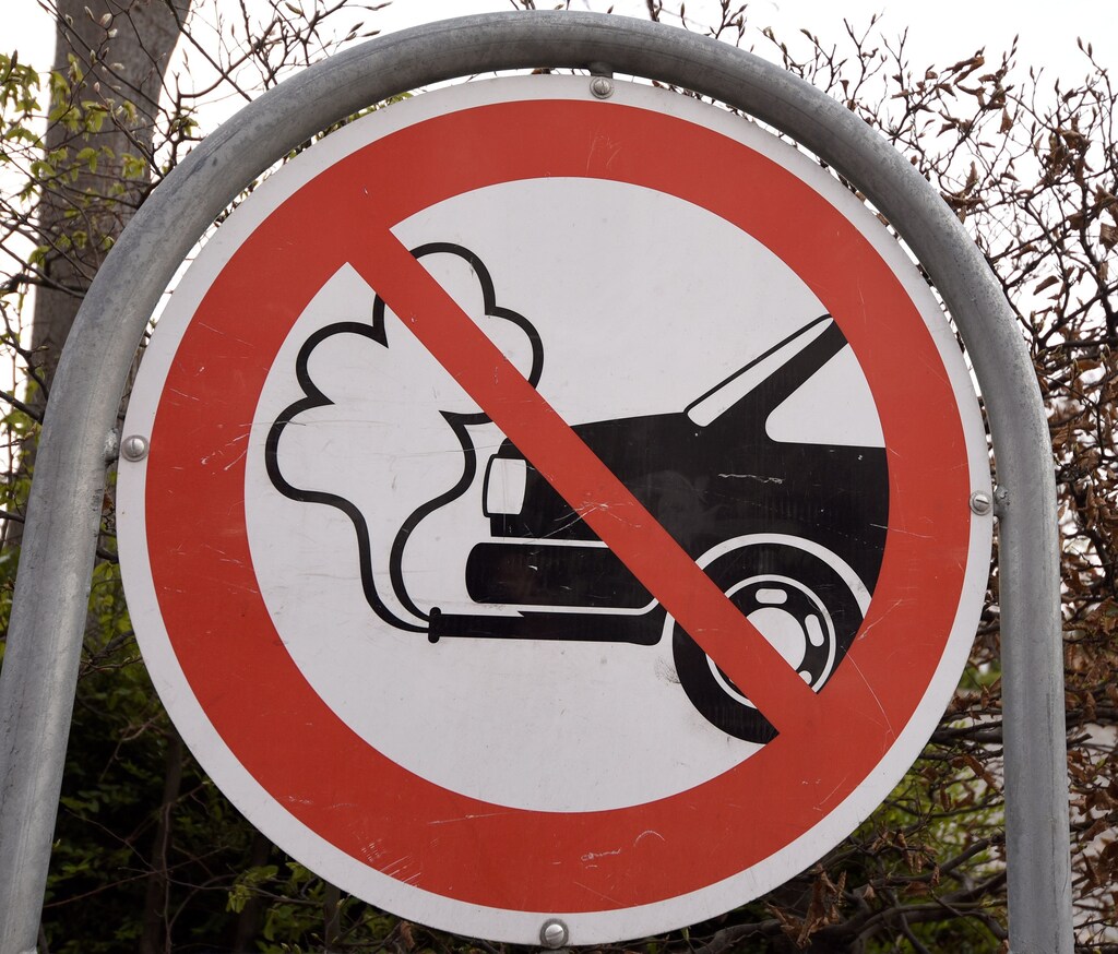 COP26 climate and air pollution. An anti-exhaust emission traffic sign is pictured in Copenhagen,