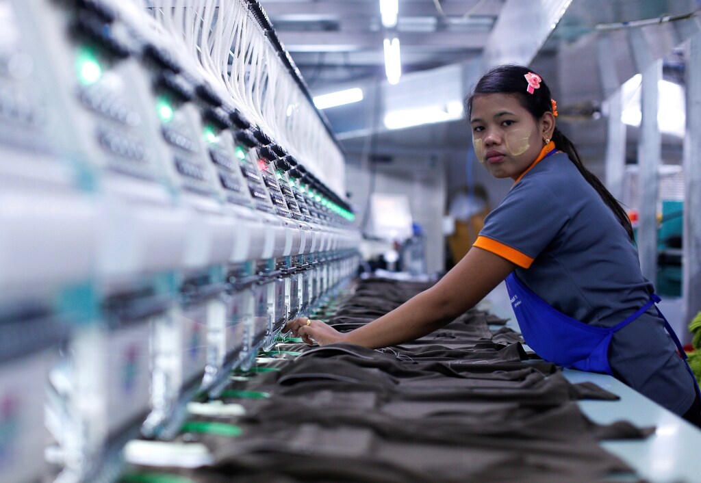 A labourer works at a garment factory in Bangkok, Thailand