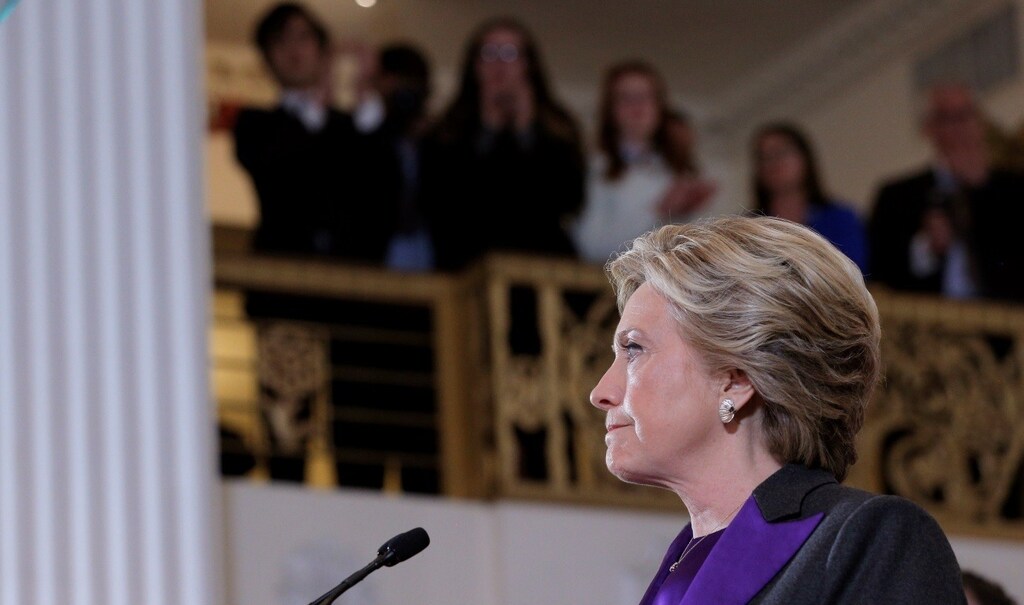Hillary Clinton pauses as she addresses her staff and supporters about the results of the U.S. election at a hotel in the Manhattan borough of New York.
