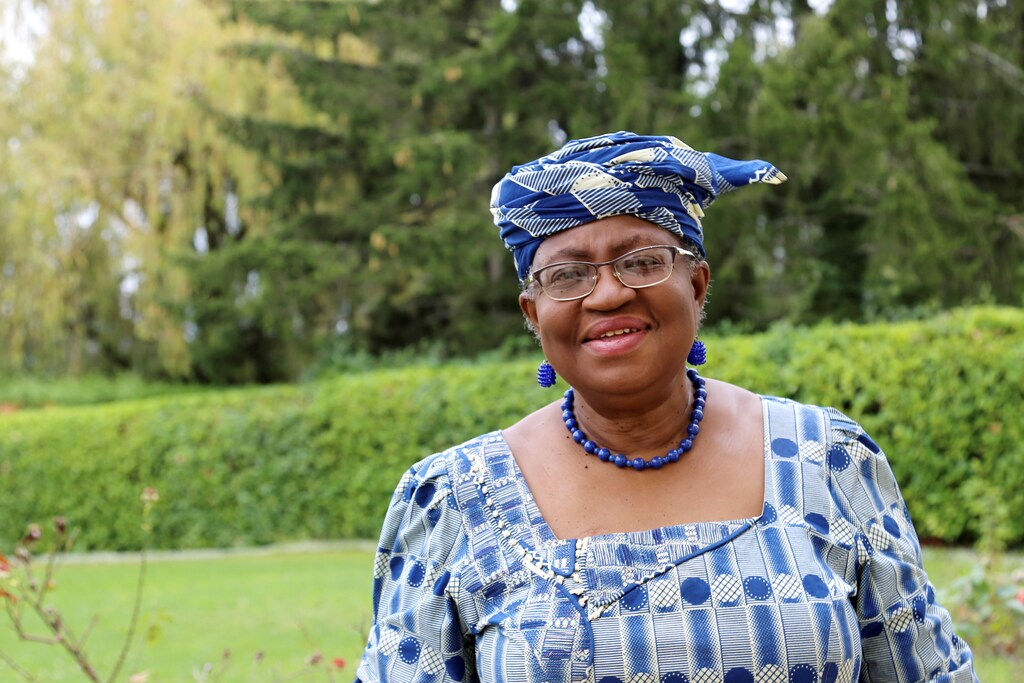 Ngozi Okonjo-Iweala poses outside a Nigerian diplomatic residence in Chambesy, near Geneva, Switzerland