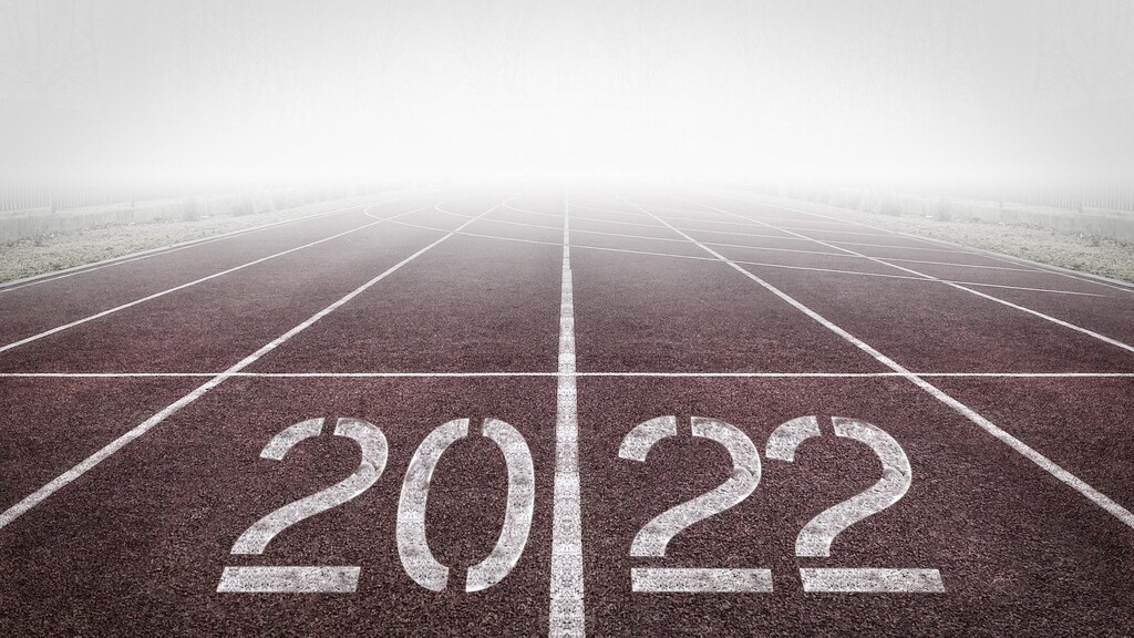 A painted running track which says 2022.