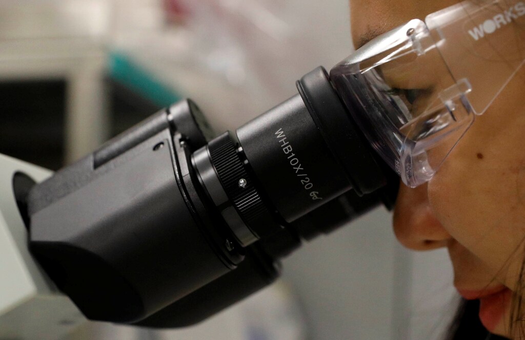 A visitor looks through a microscope at a laboratory in a pharmaceutical manufacturing factory in Singapore April 17, 2017. REUTERS/Edgar Su - RC170A6357D0