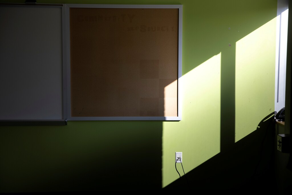 An empty tack board hangs inside a temporary isolation room ahead of in-person learning, amid the coronavirus disease (COVID-19) pandemic, at the Jefferson-Houston School in Alexandria, Virginia, U.S., February 23, 2021. REUTERS/Tom Brenner TPX IMAGES OF THE DAY - RC2PYL9L62Z5