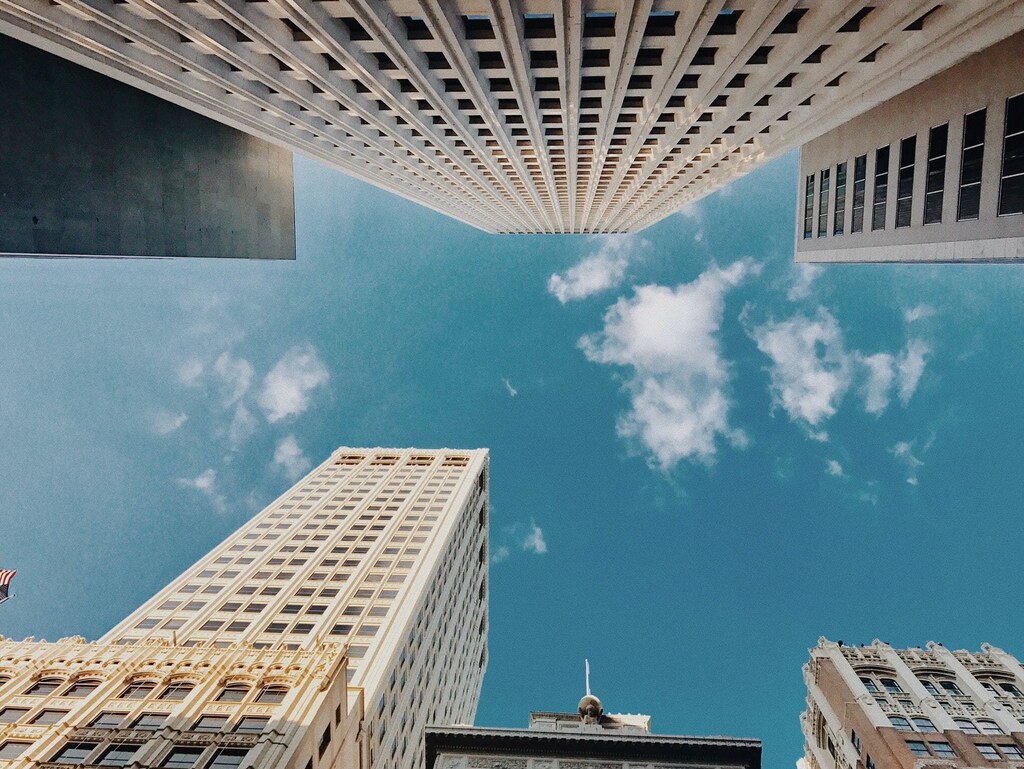 real estate in a city, shot of buildings from below
