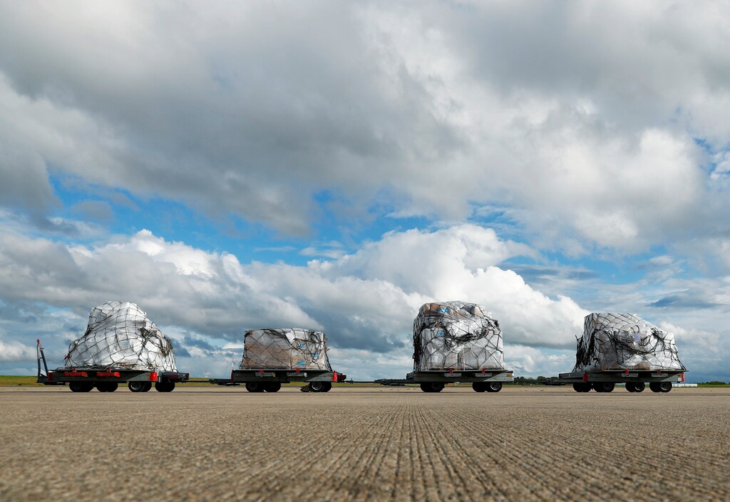 Medical supplies are seen on the tarmac before being loaded to an aircraft chartered by the U.N. World Food Programme to help developing countries hit by the coronavirus disease (COVID-19) outbreak, at Liege airport, Belgium April 30, 2020. REUTERS/Francois Lenoir - RC26FG9WI6LO
