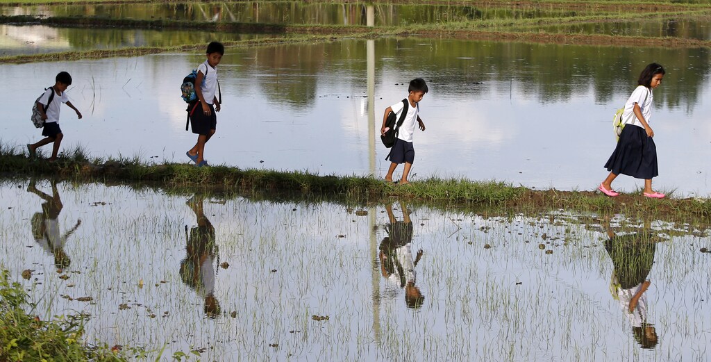 Grade school pupils are reflected in the water as they walk between rice paddy fields, on their way home after attending classes in Mogpog, Marinduque, August 19, 2014. The students said they walk for more than two kilometres, including walking between rice paddy fields, from Monday to Friday to go to school and back home. REUTERS/Erik De Castro (PHILIPPINES - Tags: SOCIETY EDUCATION) - GM1EA8J1G3001