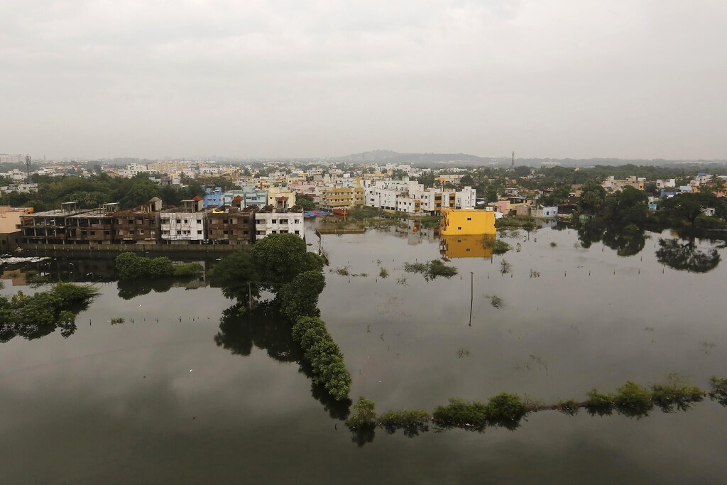 An aerial view shows a flooded residential colony in Chennai, India.