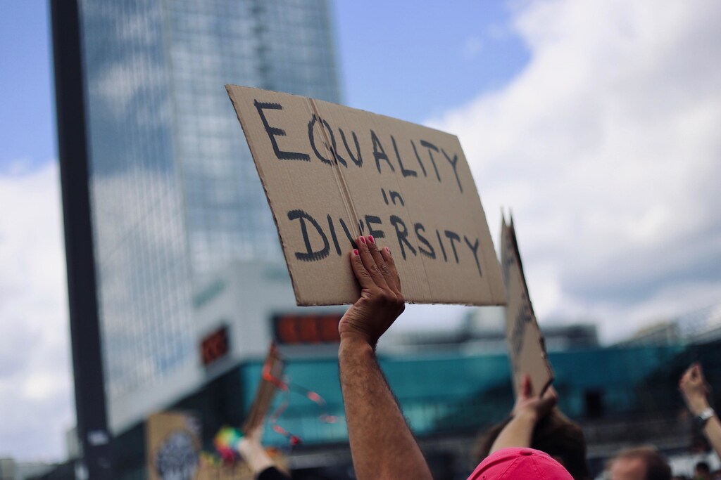 A person holding a cardboard sign supporting diversity.