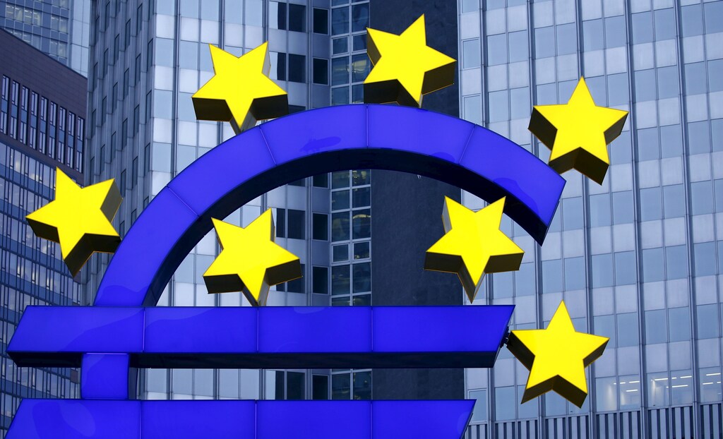 The famous euro sign landmark is pictured outside the former headquarters of the European Central Bank.