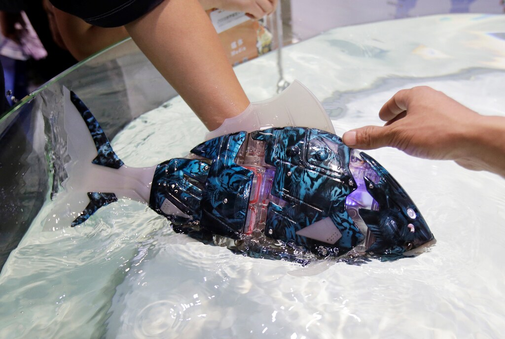 Visitors takes a robotic fish out of water at the World Robot Conference (WRC) in Beijing, China August 15, 2018. REUTERS/Jason Lee - RC1D3EB6A840