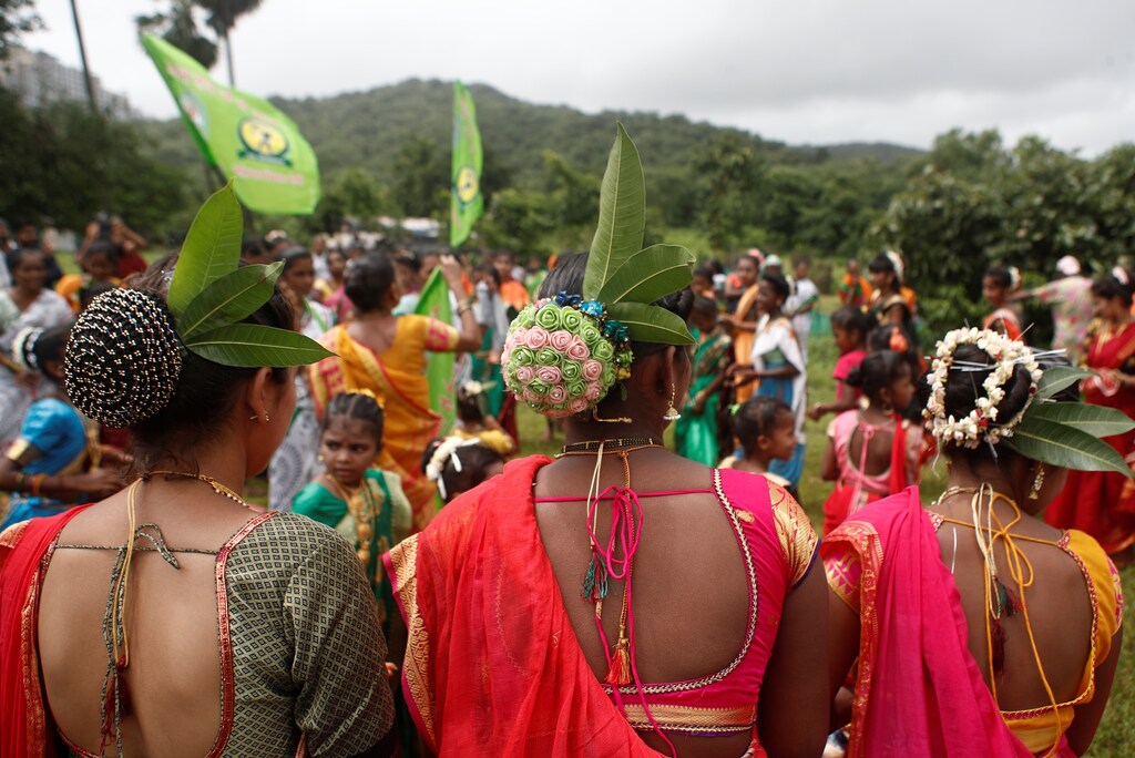 adivasi tribals are see during a celebration on the occasion of International Day of the World's Indigenous People, in a forest in Mumbai, India