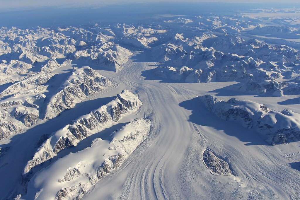 Heimdal Glacier in southern Greenland is seen in a NASA image captured by Langley Research Center's Falcon 20 aircraft October 13, 2015 and released November 24, 2015.