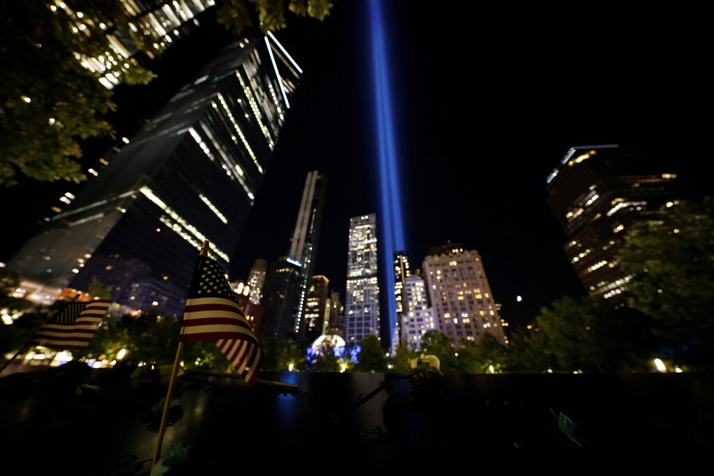 The Tribute in Light art installation is seen from the National September 11 Memorial on the day marking the 20th anniversary of the September 11, 2001 attacks in New York City