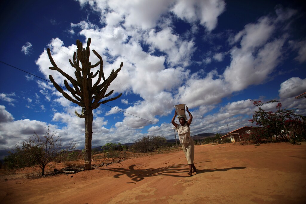 Maria Rita, 43, carries collected water at the Kaeta settlement in Maracas in Bahia state, northeast Brazil May 4, 2012. While a swath of the Brazilian Amazon is under a state of emergency as rivers overflow in one of the worst floods ever, the country's northeastern region faces its worst drought in the last 30 years, affecting well over 500 towns and cities, according to data from different government monitoring agencies. REUTERS/Ricardo Moraes - S1AETQKGEKAA