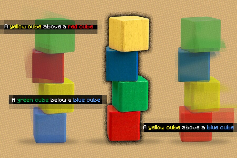 An AI system predicts the placement of different colour cubes.