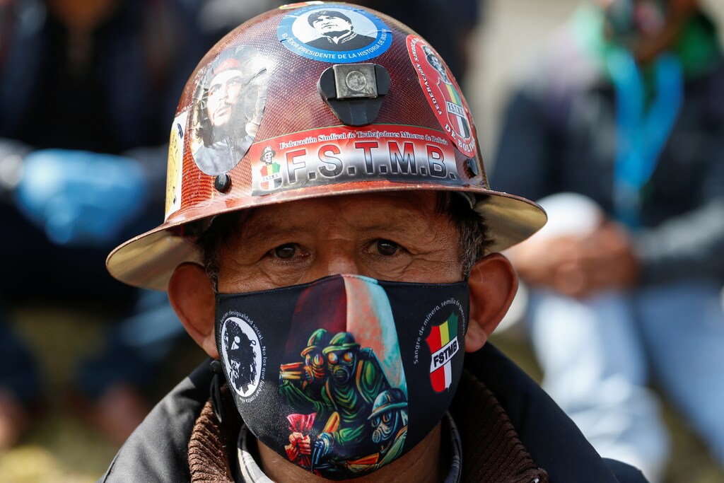 A mine worker looks on during a protest rally called by Bolivian workers unions, against interim President Jeanine Anez government demanding the economic reactivation of their sectors, amid the coronavirus disease (COVID-19) outbreak, in La Paz, Bolivia, July 14, 2020