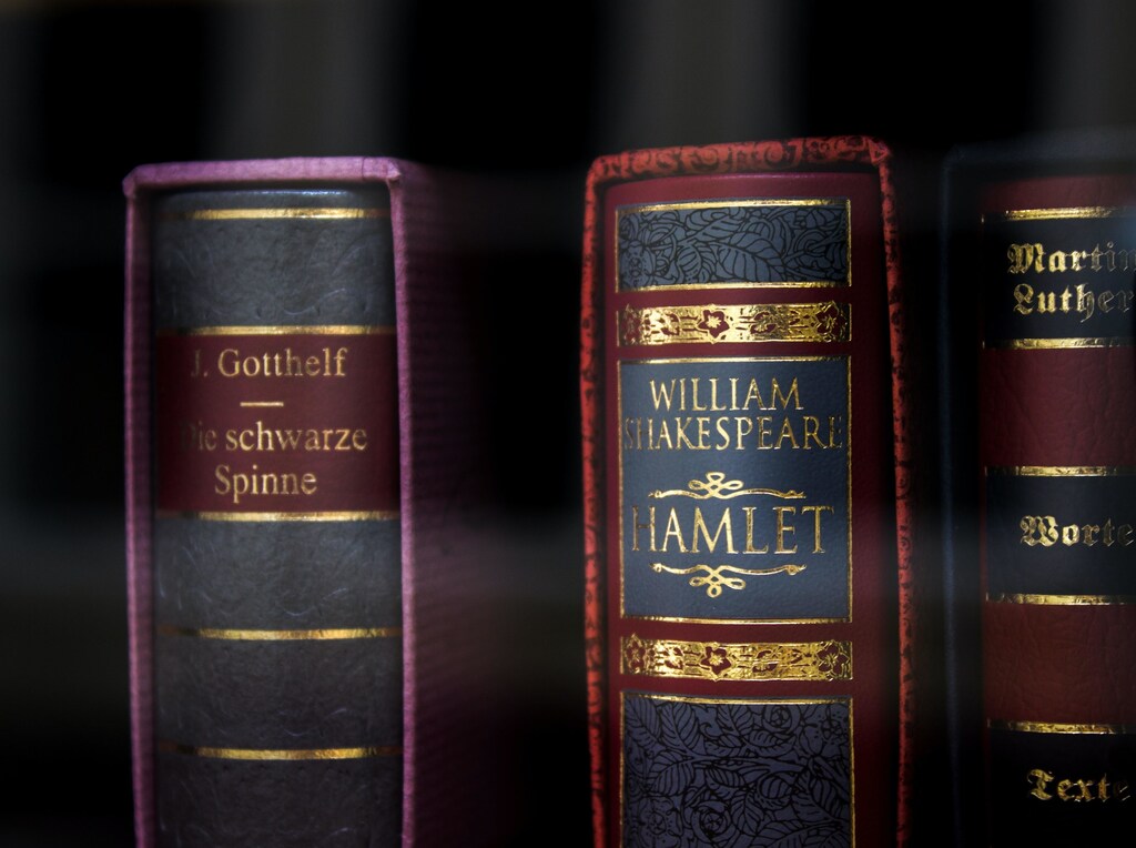 A copy of Shakespeare's Hamlet on a bookshelf.