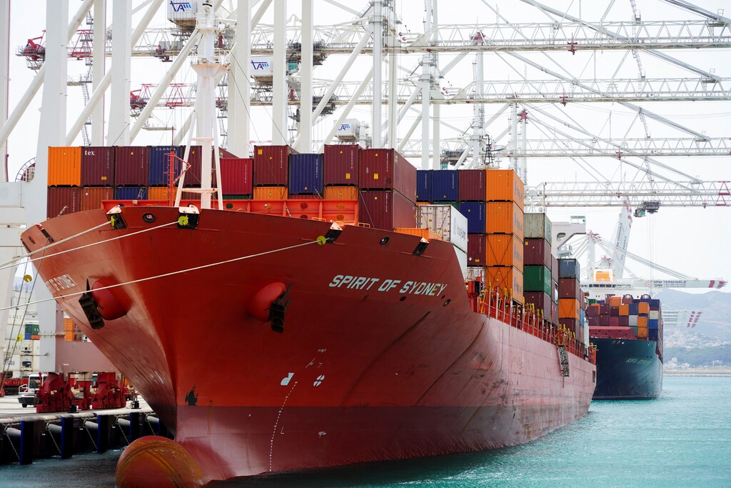 Container ship Spirit of Sydney is moored at Tanger Med Port, on the Strait of Gibraltar, east of Tangier, Morocco June 6, 2024. REUTERS/Abdelhak Balhaki