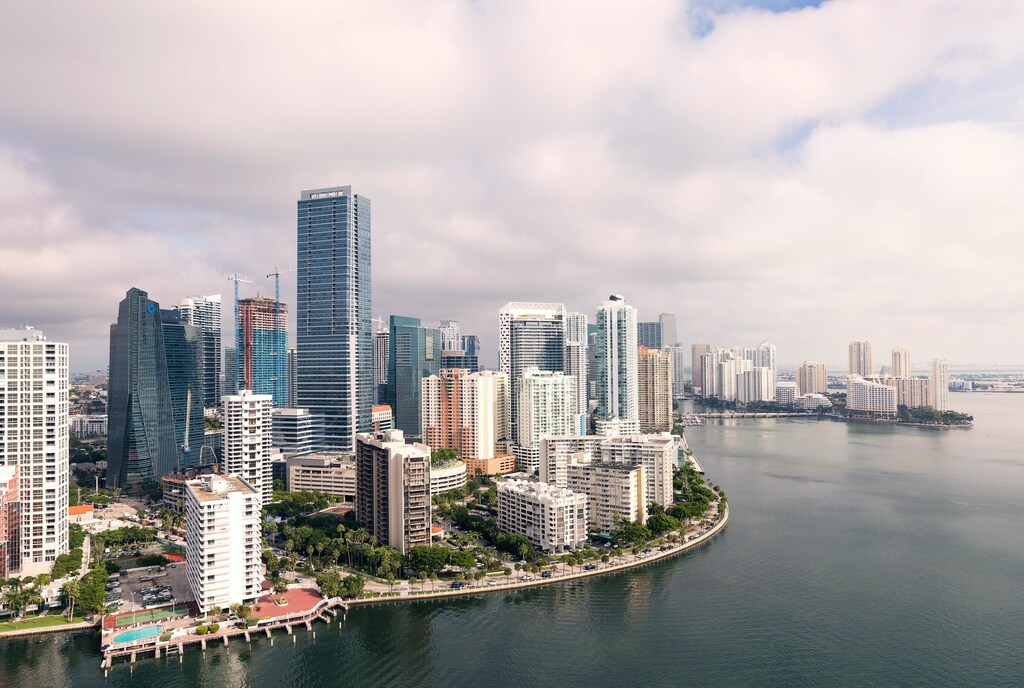 Aerial view of downtown Miami and Brickell from a morning flight on FlyNYON Miami.