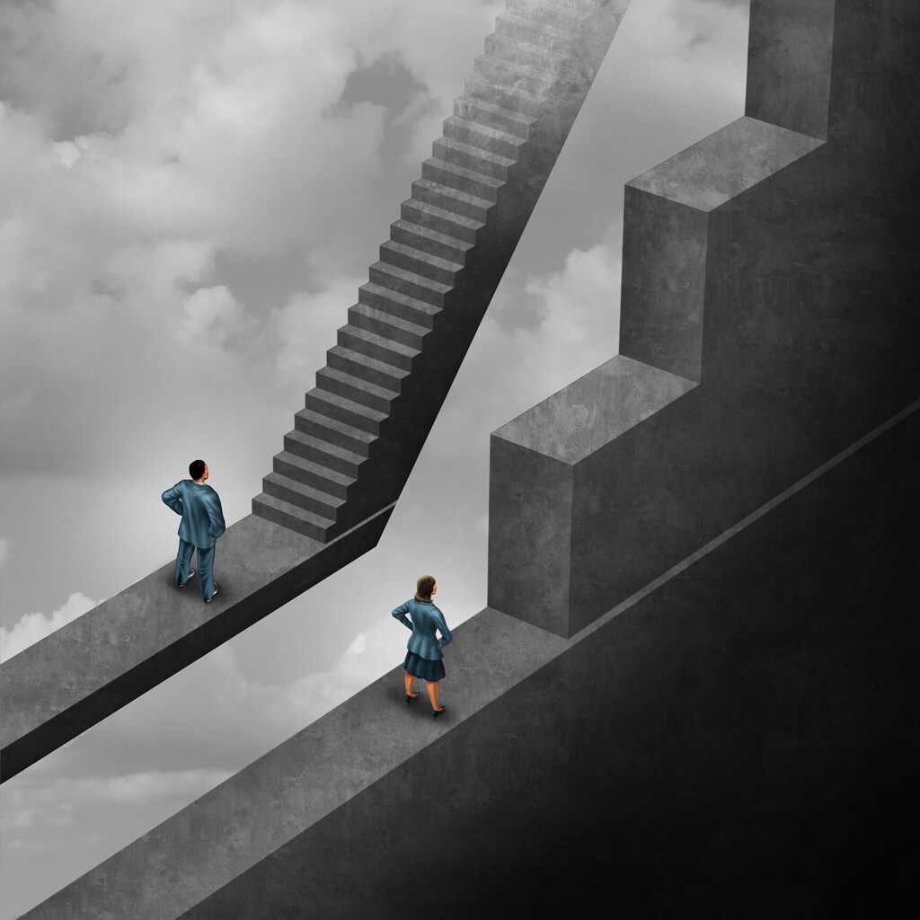 Global gender gap, gender discrimination and sexism inequality for being female concept as a woman with the burden of climbing a difficult obstacle and a man with easy path stairs as a 3D illustration symbol as a symbol for unfair gender bias.