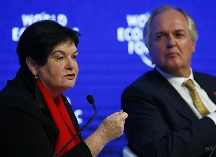 Sharan Burrow, General Secretary of the International Trade Union Confederation (ITUC) attends next to John Polma, CEO of Unilever the session "The New Climate and Development Imperative" during the Annual Meeting 2016 of the World Economic Forum (WEF) in Davos, Switzerland January 21, 2016. REUTERS/Ruben Sprich