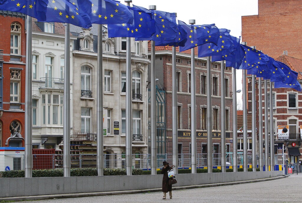 A woman walks past EU flags outside the European Commission headquarters in Brussels November 27, 2009. European Commission President Jose Manuel Barroso presented on Friday his new team of EU commissioners. REUTERS/Yves Herman (BELGIUM POLITICS) - RTXR73S