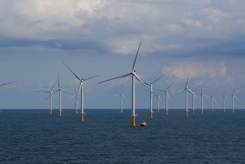 View of wind turbines from the Modular Offshore Grid (MOG) installed offshore near Belgium's coast.