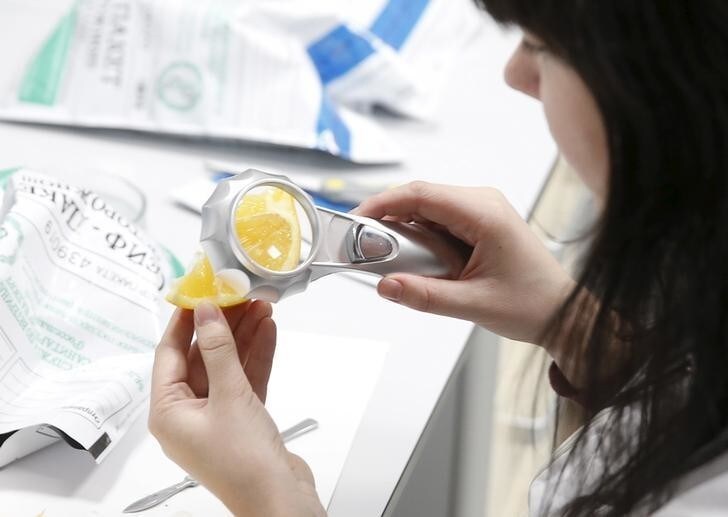 A technician of a centre for plant quarantine, a laboratory which functions under the guidance of Rosselkhoznadzor (Federal Service for Veterinary and Phytosanitary Surveillance), inspects a slice of an orange, imported from Turkey according to representatives of the centre, in the settlement of Bykovo, Moscow region, Russia, November 26, 2015. Picture taken November 26, 2015.