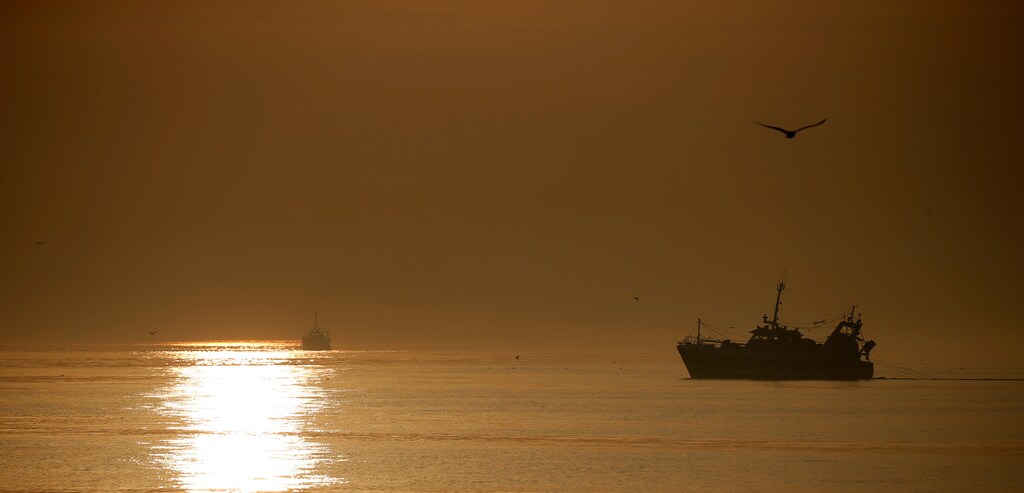 A Boulogne sur Mer based trawler is seen fishing during sunrise, off the coast of northern France, August 29, 2017