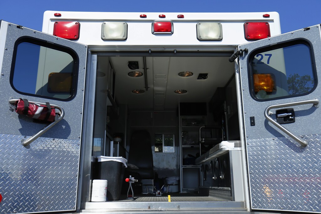 The back of an ambulance is shown during a mock rescue drill simulating a boating accident in waters off the coast of San Diego, California March 5, 2014. Lifeguards, police, fire and Coast Guard personnel joined together to assess their ability to respond and learn from the training exercise. REUTERS/Mike Blake (UNITED STATES - Tags: SOCIETY TRANSPORT) - RTR3G3M0