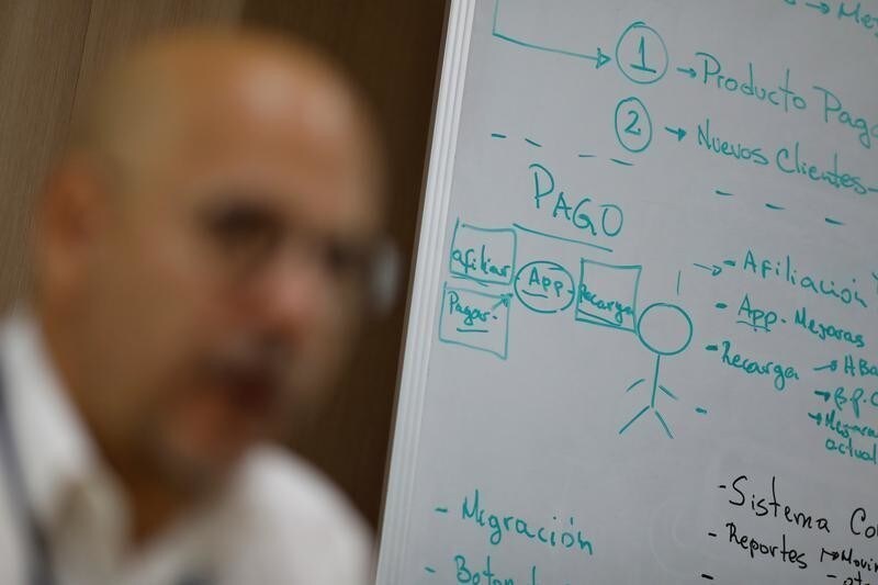 Workflow and design info regarding Vippo app is seen on a whiteboard as Vippo's leader Miguel Leon talks during an interview with Reuters, in Caracas, Venezuela January 11, 2018. Picture taken January 11, 2018.