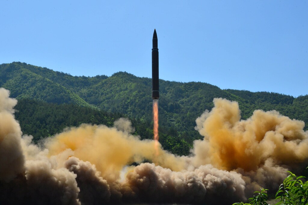 The intercontinental ballistic missile Hwasong-14 is seen during its test in this undated photo released by North Korea's Korean Central News Agency (KCNA) in Pyongyang, July 5 2017. KCNA/via REUTERS ATTENTION EDITORS - THIS IMAGE WAS PROVIDED BY A THIRD PARTY. REUTERS IS UNABLE TO INDEPENDENTLY VERIFY THIS IMAGE. NO THIRD PARTY SALES. SOUTH KOREA OUT. - RTX3A3DK