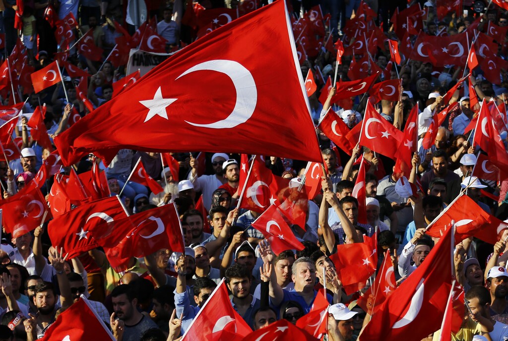 People wave flags as they wait for Turkish President Tayyip Erdogan to appear for a speech in Istanbul, Turkey, July 16, 2016. REUTERS/Murad Sezer - RTSIAZJ