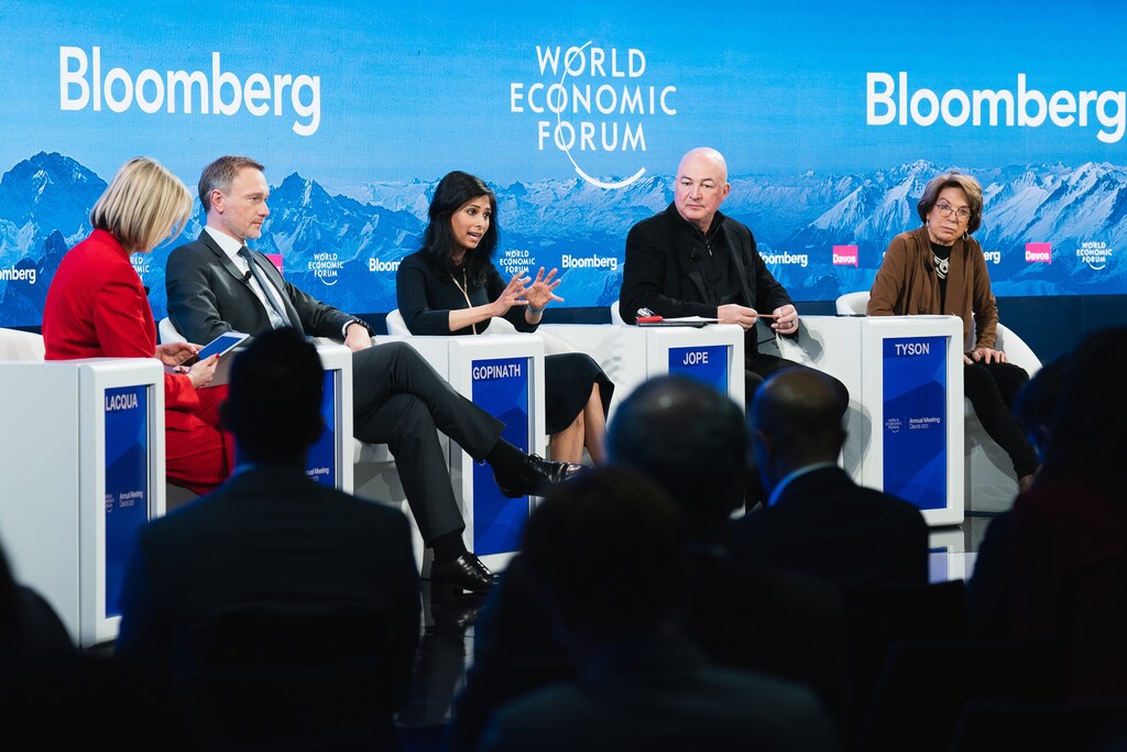 Francine Lacqua, Editor-at-Large and Presenter, Bloomberg Television, United Kingdom, Christian Lindner, Federal Minister of Finance of Germany, Gita Gopinath, International Monetary Fund (IMF), Laura D'Andrea Tyson, Distinguished Professor of the Graduate School, Haas School of Business, University of California, Berkeley, USA and Alan Jope, Chief Executive Officer, Unilever, United Kingdom speaking in the Stemming the Cost of Living Crisis session at the World Economic Forum Annual Meeting 2023 in Davos-Klosters, Switzerland,Â 17 January.Â Congress Centre - Sanada Room. Copyright: World Economic Forum/Sikarin Fon Thanachaiary