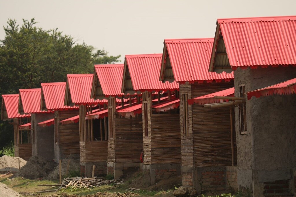 Housing in Nepal using sustainable cement bamboo technology, which creates 70% less carbon emissions than conventional construction.