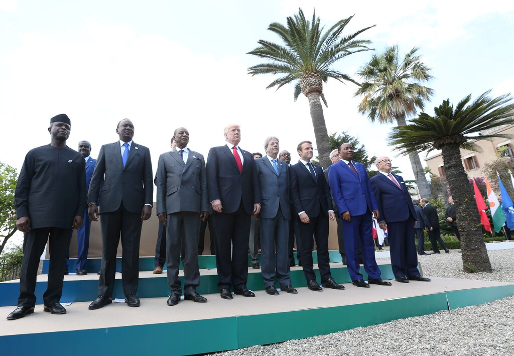 U.S President Donald Trump poses with G7 leaders and leaders of African nations during a family photo at the G7 Summit expanded session in Taormina, Sicily, Italy, May 27, 2017. REUTERS/Alessandro Bianchi - RTX37UEQ