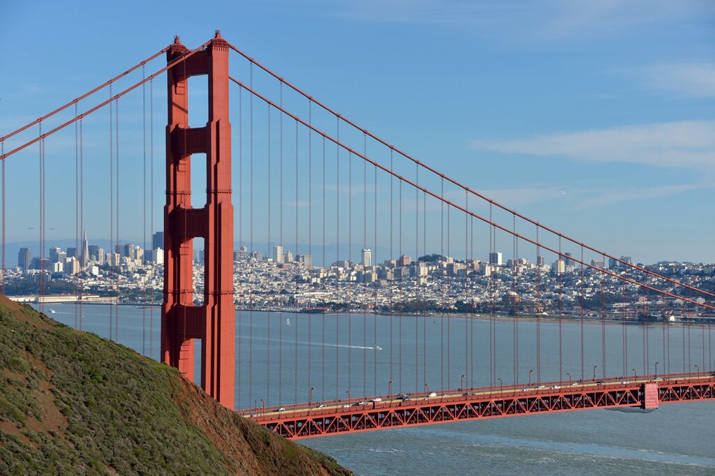 Feb 6, 2016; San Francisco, CA, USA; A general view of the Golden Gate Bridge and the skyline of downtown San Francisco prior to Super Bowl 50 between the Denver Broncos and the Carolina Panthers. Mandatory Credit: Kirby Lee-USA TODAY Sports - 9099347