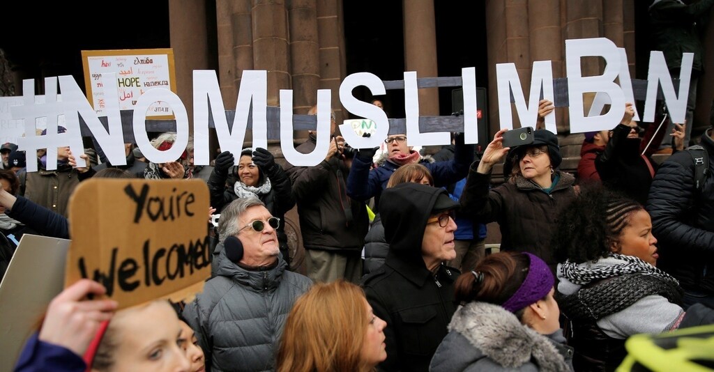 Demonstrators spell out "# No Muslim Ban" during the "Boston Protest Against Muslim Ban and Anti-Immigration Orders" to protest U.S. President Donald Trump's executive order travel ban in Boston, Massachusetts