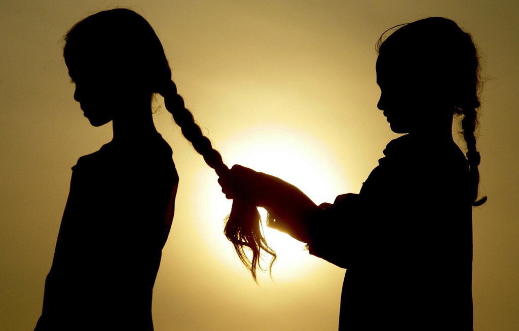 A girl makes a pigtail to another girl against the sunset in the northern Indian city of Chandigarh July 30, 2007. REUTERS/Ajay Verma (INDIA) - GM1DVUYCQCAA