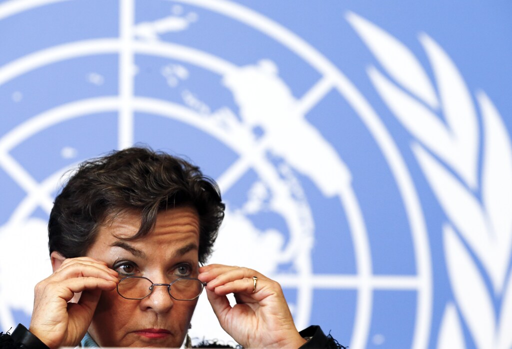 Christiana Figueres, Executive Secretary of the United Nations Framework Convention on Climate Change (UNFCCC), gestures during a news conference after a week long preparatory meeting at the U.N. in Geneva February 13, 2015. The United Nations Climate Change Conference, COP21 or CMP11, will be held in Paris November 30 to December 11, 2015.