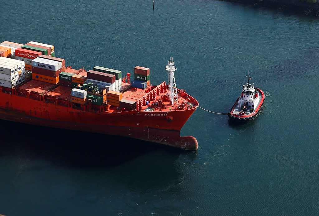An aerial photo shows one of a pair of tugboats escorting the Cap Jackson container ship, registered in Singapore, at Harbor Island at the Port of Seattle in Seattle, Washington, U.S. March 21, 2019. Picture taken March 21, 2019. REUTERS/Lindsey Wasson - RC18EA1FDAA0