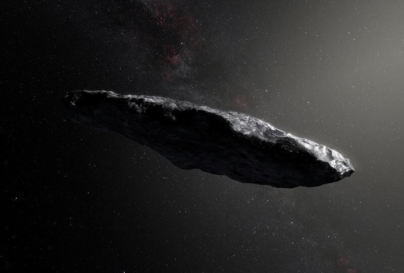 This artists impression shows the first interstellar asteroid, `Oumuamua as it passes through the solar system after its discovery in October 2017. European Southern Obervatory/M. Kornmesser/Handout via REUTERS ATTENTION EDITORS - THIS IMAGE WAS PROVIDED BY A THIRD PARTY - RC16AB66CA80